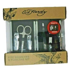 Ed Hardy Manicure Pedicure Kit 5-Pc Red Travel Clear Case Nail Feet Care
